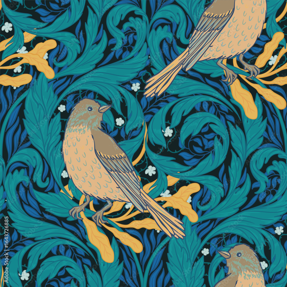 Fototapeta premium Vintage style seamless pattern with Floral wreath and birds for retro wallpapers. Enchanted Vintage Flowers. Arts and Crafts movement inspired. Design for wrapping paper, wallpaper, fabrics and