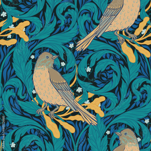 Vintage style seamless pattern with Floral wreath and birds for retro wallpapers. Enchanted Vintage Flowers. Arts and Crafts movement inspired. Design for wrapping paper, wallpaper, fabrics and