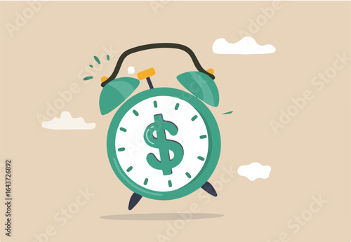 Time for money, making profit from investment, promotion alert for bargain deal, bill payment or deadline to start building wealth concept, ringing alarm clock with dollar money sign on clock face.