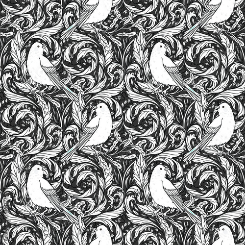 Vintage style seamless black and white pattern with Floral wreath and birds for retro wallpapers. Enchanted Vintage Flowers. Arts and Crafts movement inspired. Design for wrapping paper, fabrics and