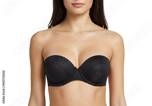 Black strapless balconette bra on woman isolated on a transparent background black bra