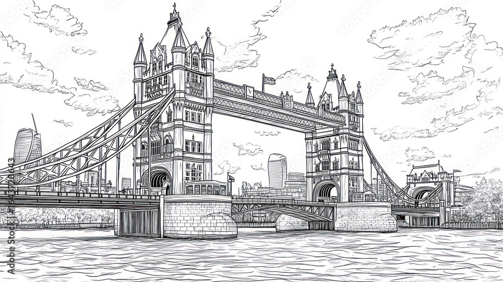 Obraz premium London Tower Bridge sketch, city skyline, travel, tourism, illustration