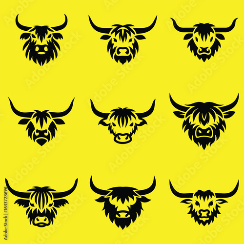 Highland cow face silhouette pack, farm animal head design set