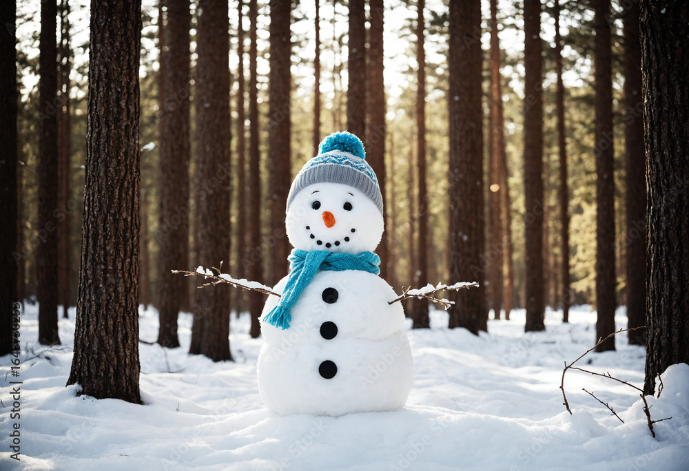 Fototapeta premium Photo cute friendly smiling Snowman in the forest