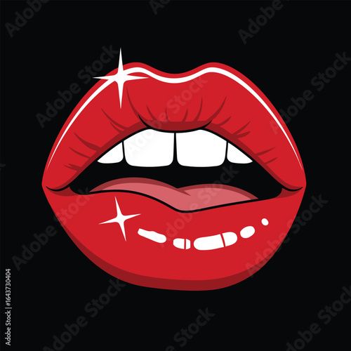 Glossy red lips with a seductive smile, sensual open mouth, and sparkling highlights on black background.