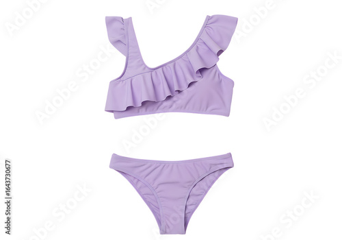 Lavender one shoulder ruffled bikini set isolated on a transparent background swimwear