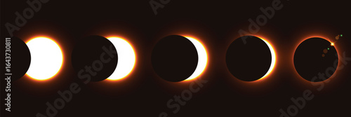 Different phases of solar eclipse. Iridescent round aura eclipse. Orange planet glow background. Sun or moon total eclipse in dark space. Star aurora flare with sparkles and sparkles effects.
