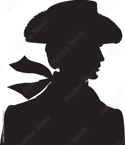 A black silhouette of a 1800 russia fashion man in profile view, wearing a wide-brimmed hat with fur trim and a flowing scarf.