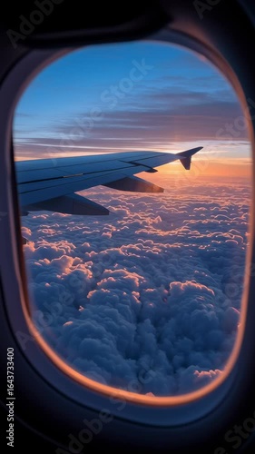View from airplane window showing wing over clouds at sunrise, capturing the beauty and serenity of air travel above the horizon