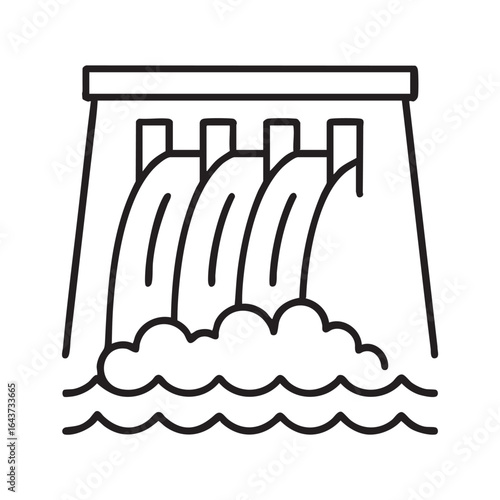 Hydroelectric Dam Illustration with Water Flowing Power Generation Renewable Energy Source Symbol Vector Line Art