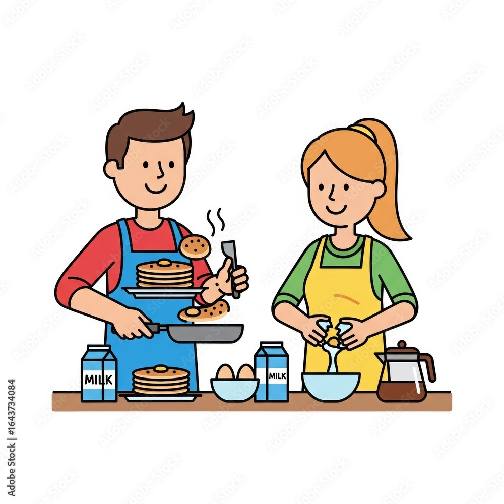 Young couple cooking pancakes in kitchen during breakfast time Young couple cooking pancakes in kitchen during breakfast time
