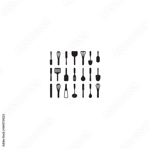 Collection of kitchen utensils in black silhouette on a white backdrop icon set
