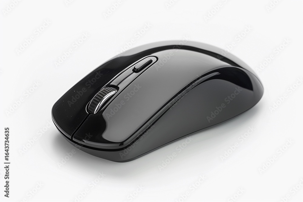 Black wireless computer mouse resting on a light background showcasing its design and features Black wireless computer mouse resting on a light background showcasing its design and features