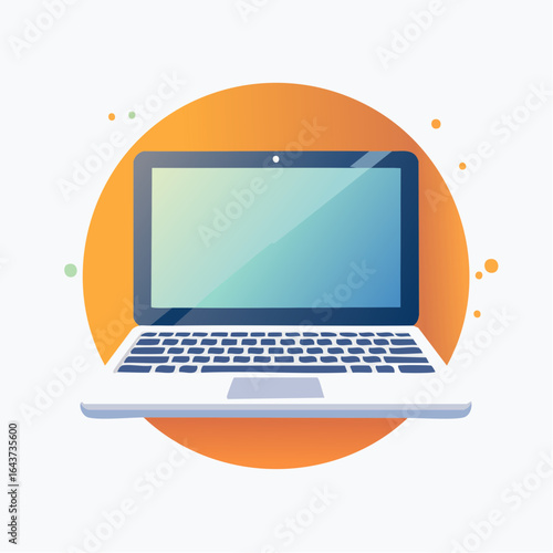 Modern laptop computer illustration with orange graphical background design