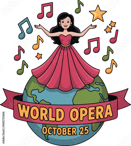 World Opera Day: Singer on Globe with Musical Notes and Stars