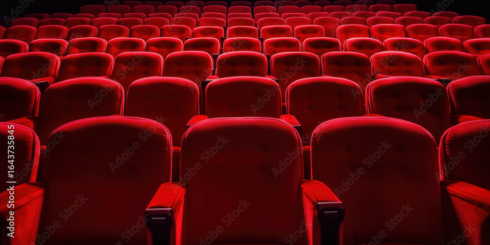Fototapeta premium Rows of red upholstered seats in dimly lit auditorium create dramatic and inviting atmosphere
