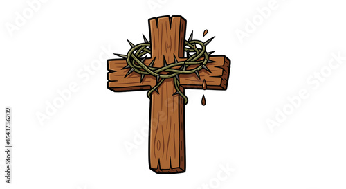 Wooden Cross with Crown of Thorns and Blood Drops Isolated on Transparent Background Christian Symbolism Religious Sacrifice