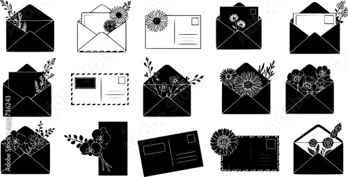 Illustrations of envelopes, postcards, and flowers for various communication themes