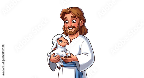 Gentle Jesus Holding a Cute Lamb Symbolizing Love and Compassion Isolated on Transparent Background