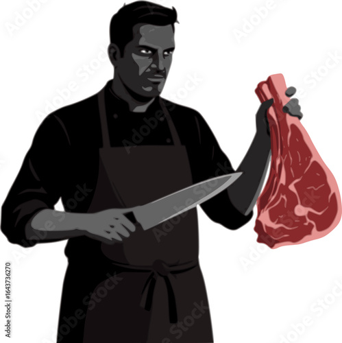Man in apron holding knife and piece of meat with serious expression