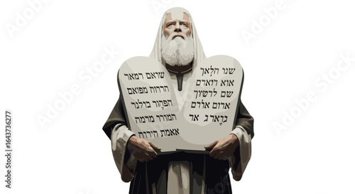 Ancient wise prophet Moses holds the Ten Commandments stone tablets symbol of divine law and faith isolated on transparent background