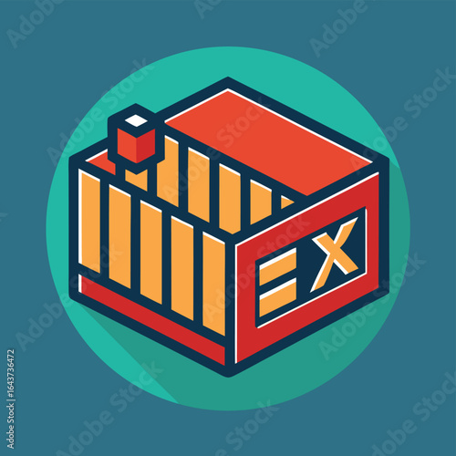 Isometric view of a red and orange shipping container with the word ex on its side, symbolizing export and logistics
