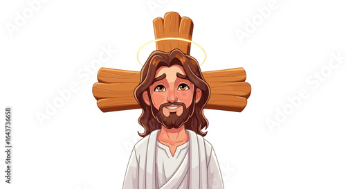 Divine Blessing and Hopeful Serenity of Jesus Christ with Halo and Wooden Cross Isolated on Transparent Background