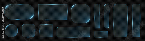 Neon glass panel collection with radiant blue edges and glossy finish. Vector set of transparent rectangles, circles and UI shapes for web or mobile interfaces, banners and tech backgrounds.