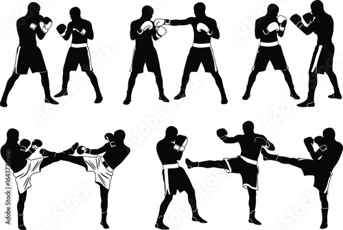 Dynamic set of isolated black and white silhouettes of professional boxers and kickboxers in various fighting poses for martial arts."