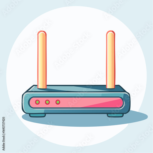 Cartoon router illustration with wireless antennas for digital connection
