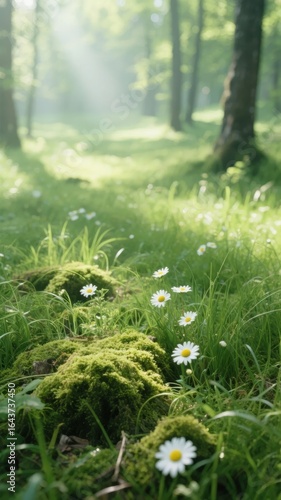 Sunlit Forest Floor with Daisies and Moss