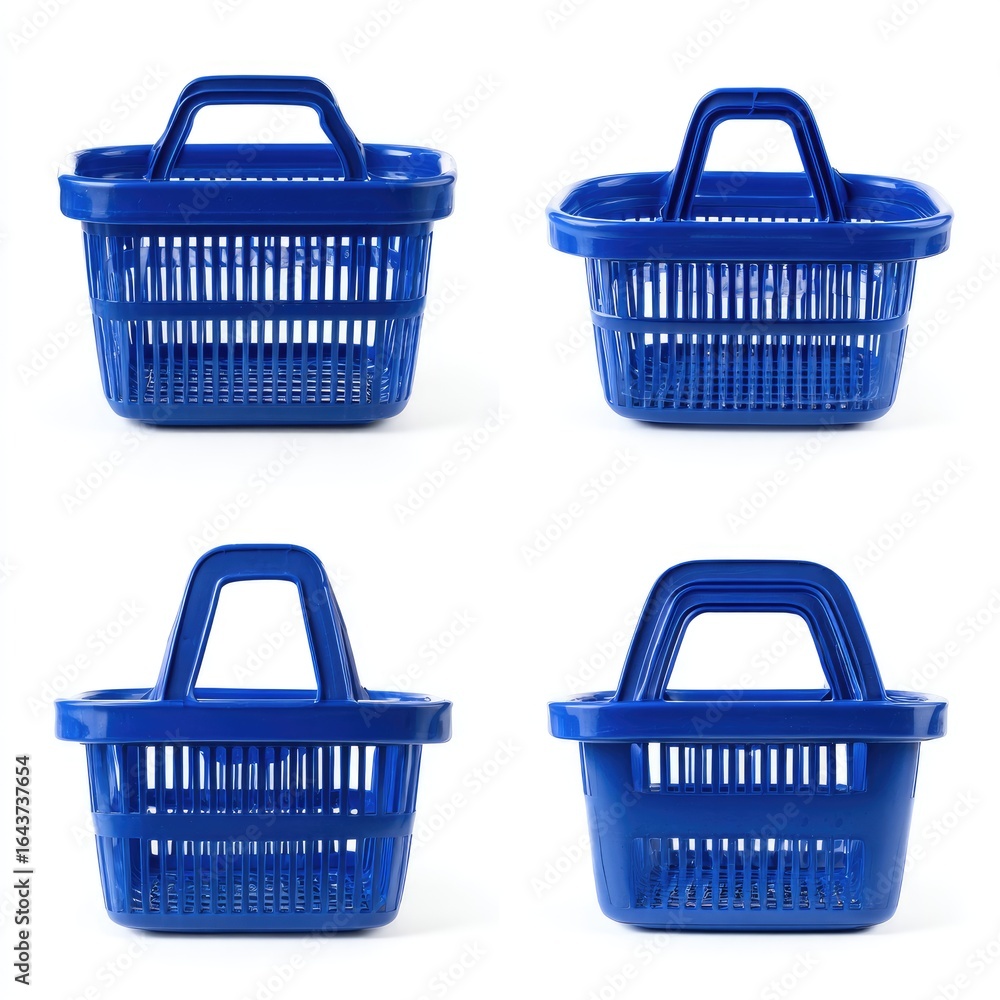 Fototapeta premium Four identical bright blue plastic shopping baskets with handles, shown from different angles against a white background