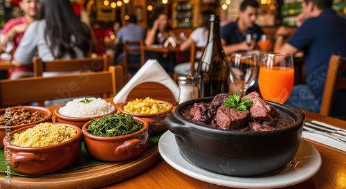 A table setting with feijoada and side dishes in a restaurant with people in the background