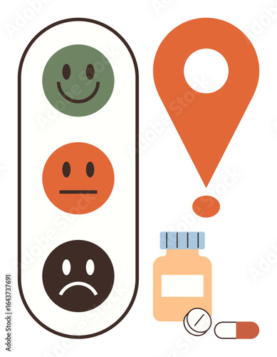 Emotional faces in traffic light colors reflect feedback levels, paired with a map pin, pill bottle, tablet, and capsule. Ideal for healthcare, feedback, evaluation, navigation decision-making