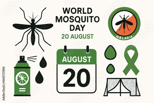 World Mosquito Day – Malaria Awareness & Mosquito Control Icons Vector Set 