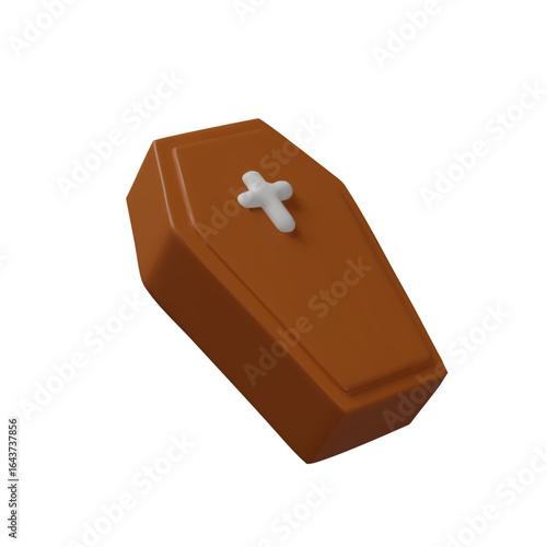 3D brown coffin with white cross side, isolated on white background, cartoon-style Halloween decoration for spooky and horror concepts.