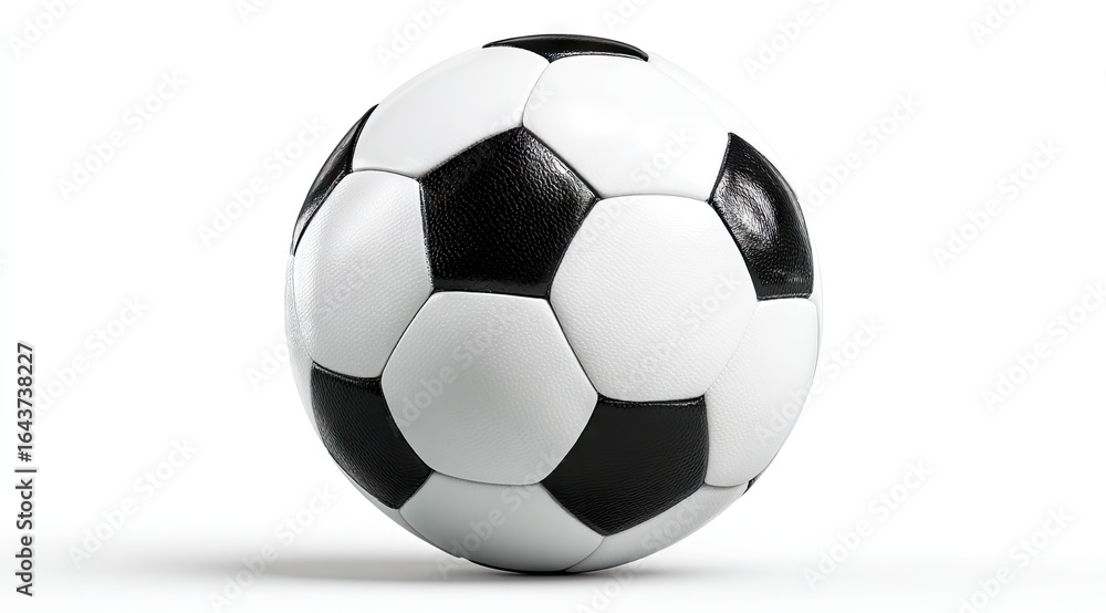 Naklejka premium Classic black and white soccer ball, sharply rendered against a pure white background, showing subtle texturing and shadow