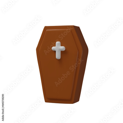 3D brown coffin with white cross, isolated on white background, cartoon-style Halloween decoration for spooky and horror concepts.