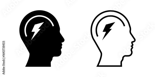 Mind icon set. Minimalist Silhouette Head with Lightning Bolt Inside Brain Icon Illustration