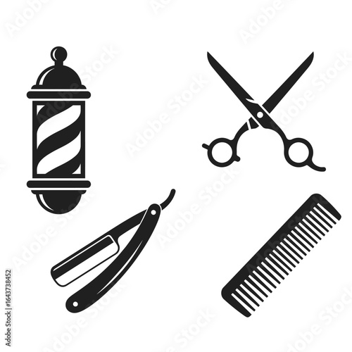 Barber shop elements: a barber pole, crossed scissors, a straight razor, and a comb, all in black and white.