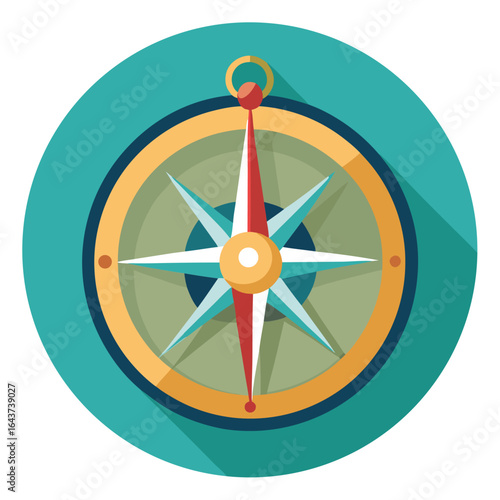 Flat design compass icon symbolizing navigation, direction, travel, and exploration with a clear pointer and vintage aesthetic