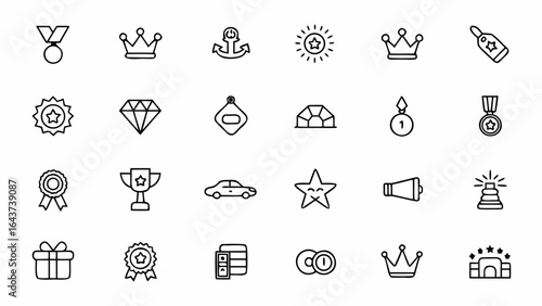 A sophisticated set of minimalist line art icons representing exclusive perks and rewards for premium members. Perfect for loyalty programs, subscription services, and VIP customer experiences