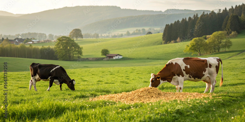 Fototapeta premium Pasture photo, cows grazing image, dairy farm picture, rural landscape photo, green pasture image, farm animals picture, agricultural land photo, countryside scene image, cattle in field photo, dairy 