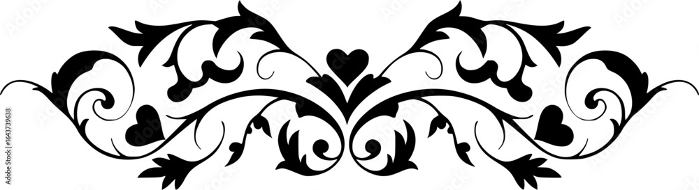 Obraz premium Filigree curly Calligraphic Heart, Fancy Line Flourishes Swirls hearts, curve romantic love separator, Valentines Day divider flourish Swirl, Calligraphy Flourish lettering header hearts scroll