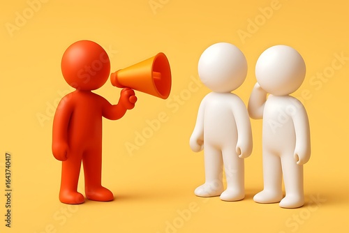 3D Red minimalist scene featuring three white cartoon-style figures, two standing closely side by side, while the figure on the right holds an orange megaphone