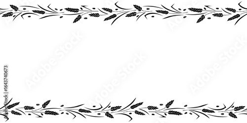 Vector Background, frame made of black wheat or rye ears in flat style. Horizontal top and bottom edging, border, decoration on theme of bakery products, flour, harvest, thanksgiving