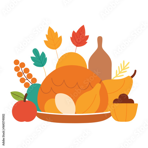 Charming rustic hand drawn illustration of a bountiful thanksgiving dinner feast with decorative elements