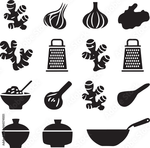 ginger, garlic, cooking, ingredient, spice, herb, asian, cuisine, food, preparation, fresh, organic, healthy, icon, set, vector
