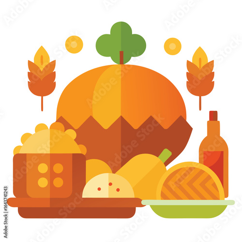 Detailed flat lay thanksgiving feast with decorative elements and seasonal food items