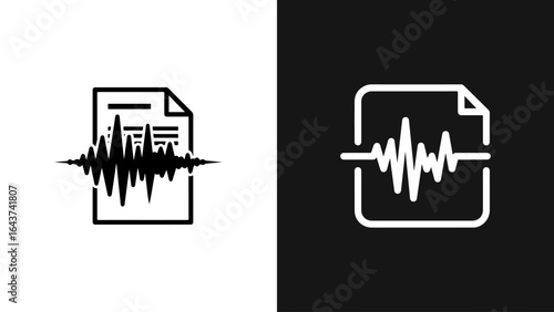 Vector illustration of an audio document file icon with a sound wave symbol, presented in black and white.